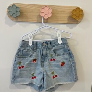 Old Navy Light Blue Girls Denim Shorts with Cherry and Strawberry Embroidery